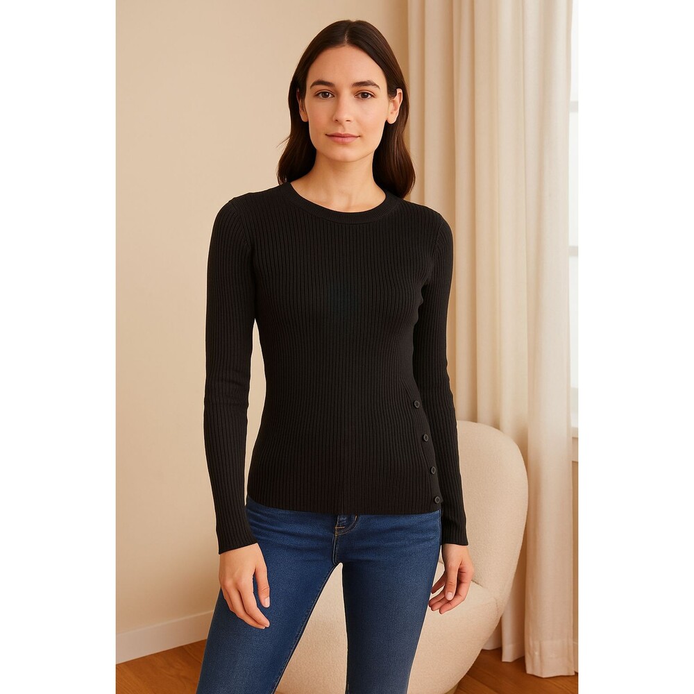 Who What Wear Women’s M Black Ribbed Knit Long Sleeve Top Button Side Cotton